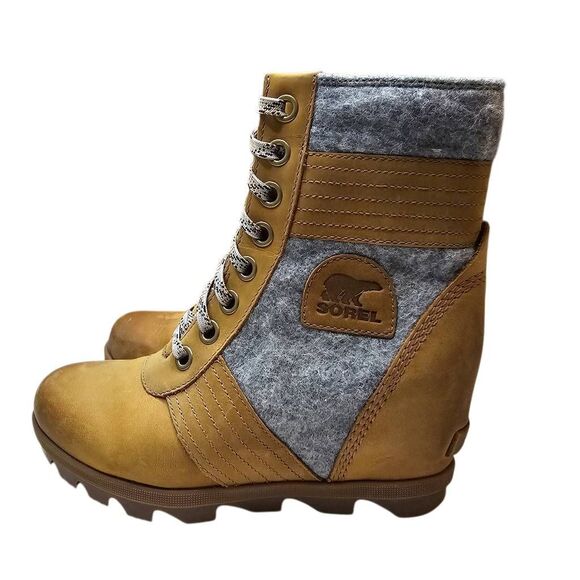 Sorel Shoes - SOREL Wedge Lace-Up Boots – Leather & Wool Blend Tan/Gray Size 8.5